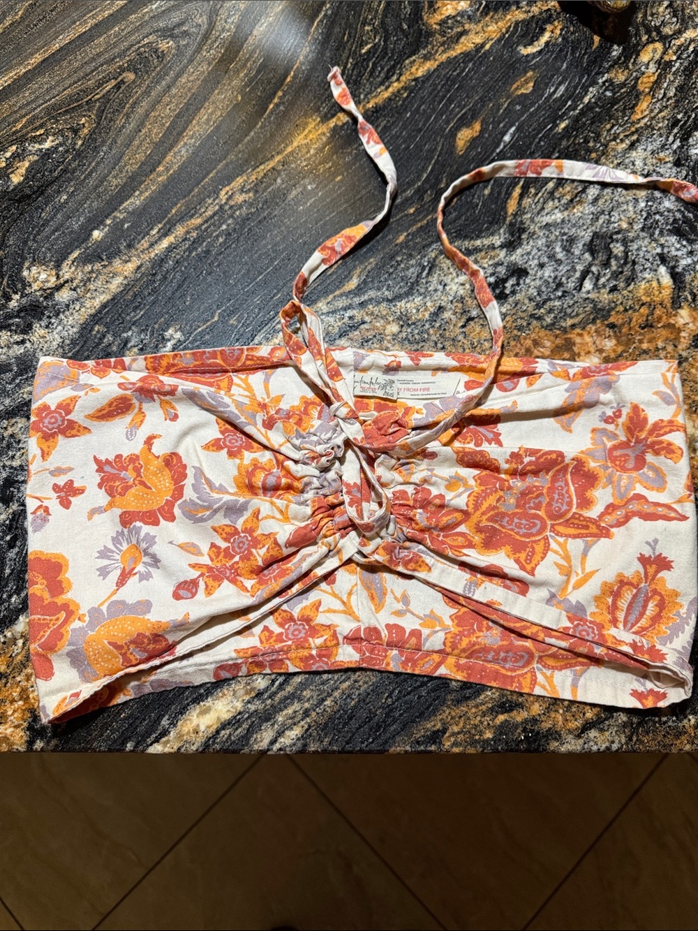 Free People Floral Ruched Bandeau Top in Orange & Cream